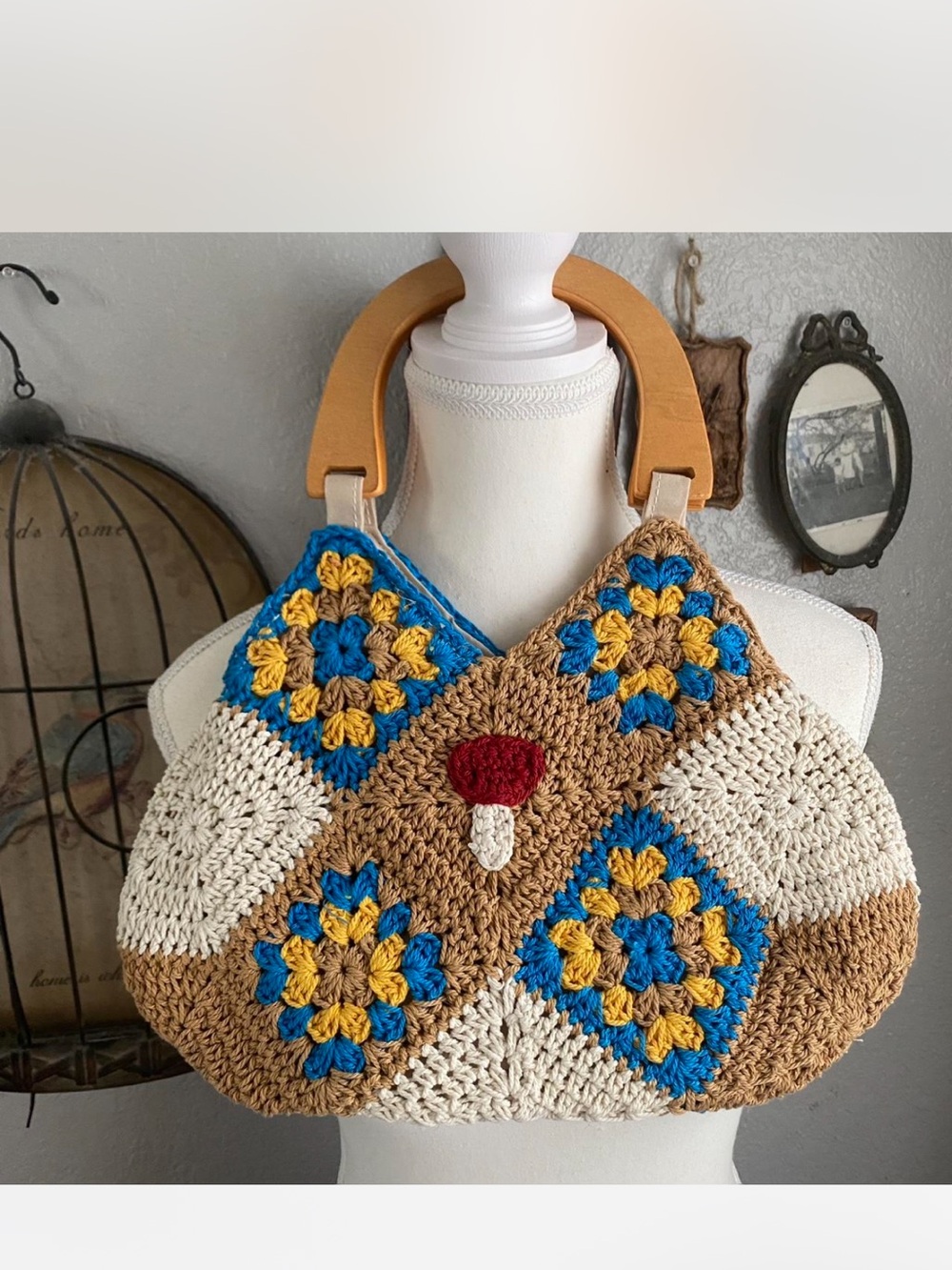 Crocheted Patchwork Shoulder Bag in Tan, Blue & Cream